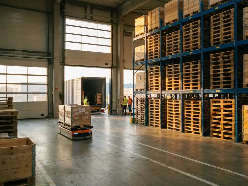 Houten pallets gestapeld bij een laaddok in Europese logistieke hub, met containervrachtwagen op de achtergrond in middaglicht.