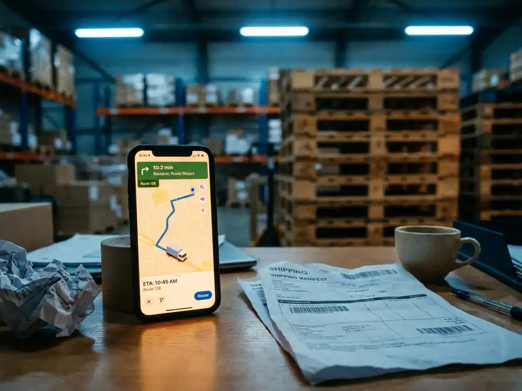 Smartphone toont GPS-kaart met bezorgvrachtwagen op magazijnbureau naast verzenddocumenten en koffiemok