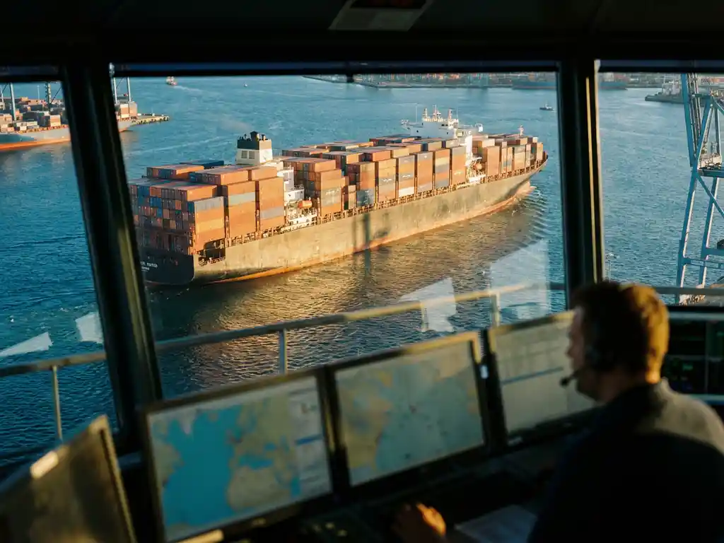 Vrachtschip met kleurrijke containers vaart door Rotterdamse haven bij zonsondergang, logistieke controletoren op voorgrond