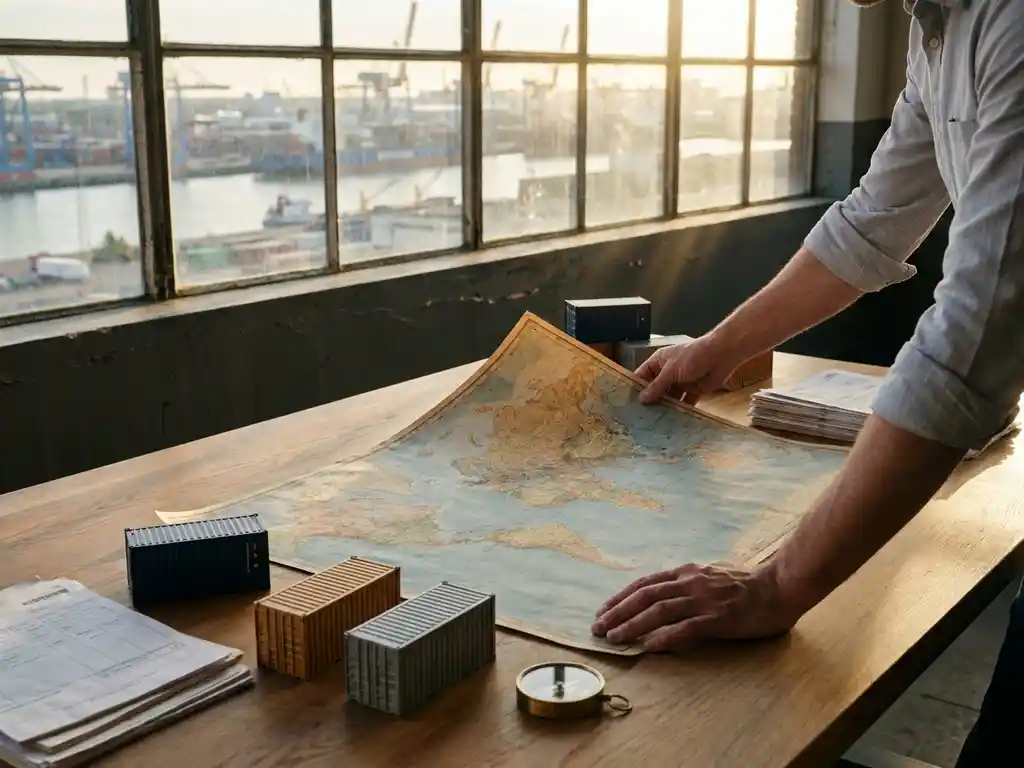 Inkoopmanager spreidt wereldkaart uit op magazijnbureau met minicontainers, scheepsdocumenten en kompas, haven van Rotterdam op achtergrond.