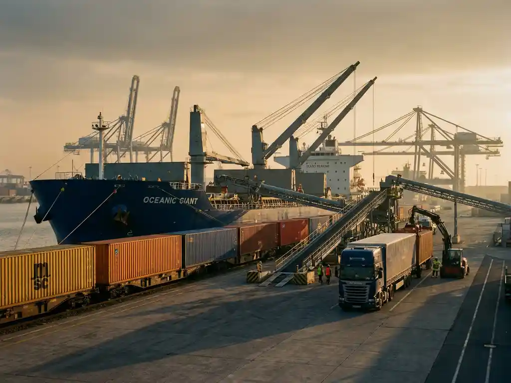 Vrachtschip, goederentrein en vrachtwagen verbonden door laadapparatuur op haventerrein met containers tijdens gouden uur