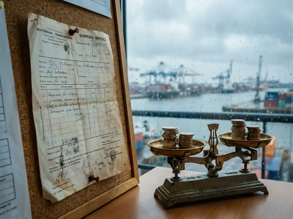 Verouderde vrachtfactuur op kurkbord naast precisieweegschaal met euromunten, haven van Rotterdam zichtbaar door regenachtig raam.