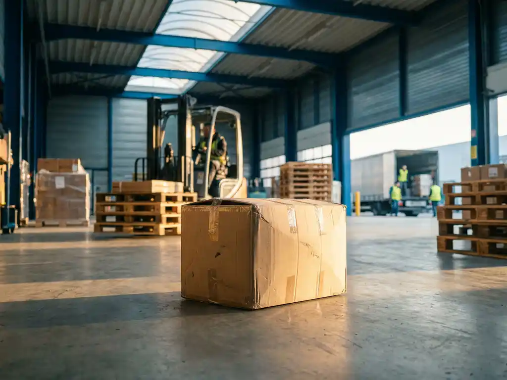 Verzegelde kartonnen verzenddoos in Europees logistiek magazijn met vorkheftruck, pallets en laadperron op de achtergrond.