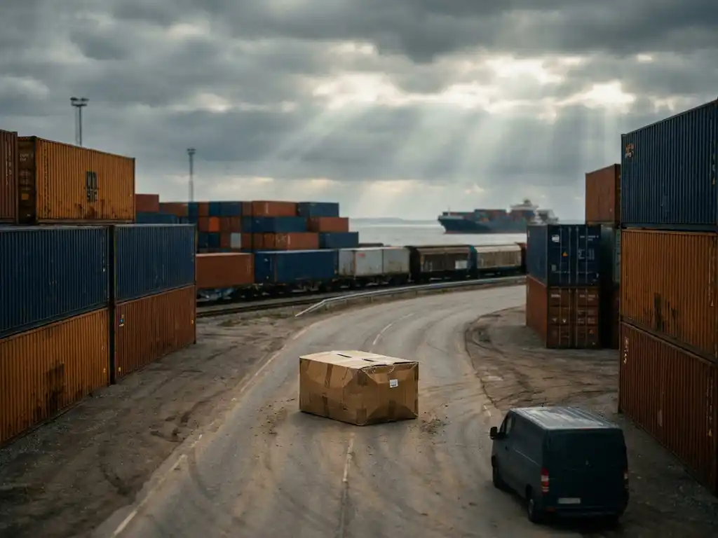 Verouderde kartonnen doos in een intermodale vrachthaven met stapels zeecontainers, vrachtschip en goederentrein op de achtergrond.