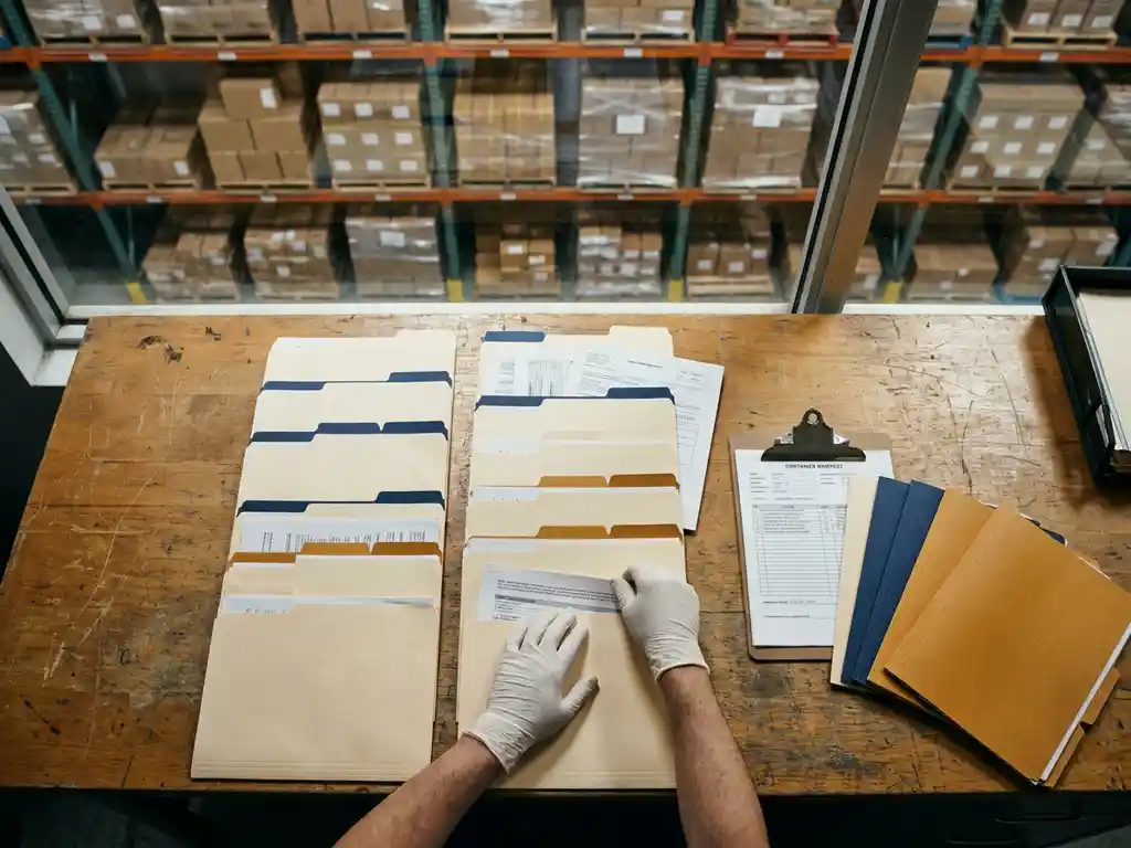 Logistiek manager ordent kleurgecodeerde leveranciersmappen en vrachtdocumenten op magazijnbureau, palletrekken op achtergrond.