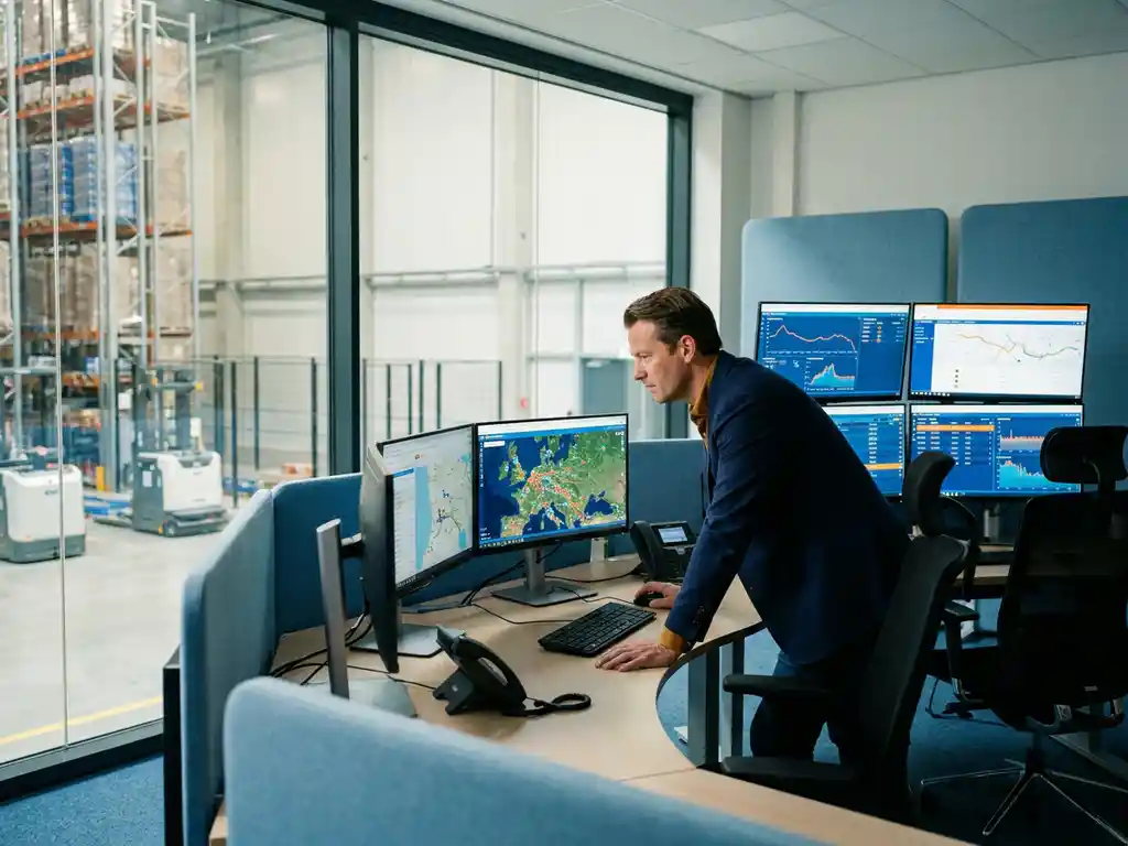 Logistiek manager analyseert route-optimalisatie kaarten op meerdere monitoren in modern controlecentrum met magazijn op achtergrond