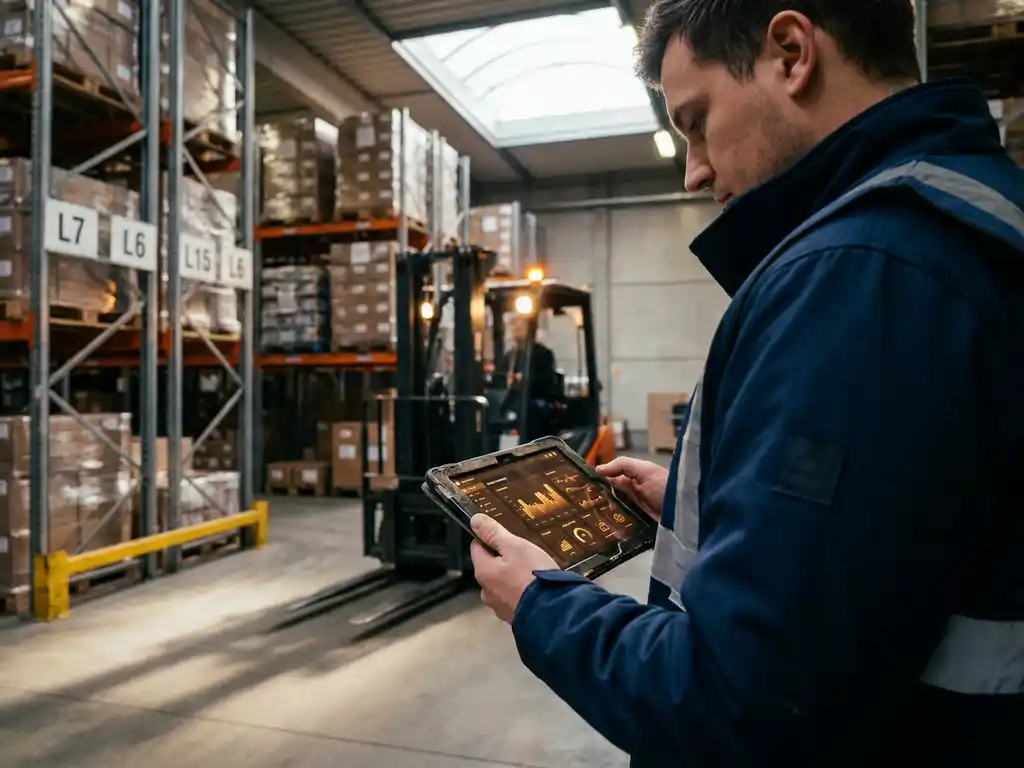 Logistiek coördinator bekijkt tablet-dashboard in magazijn met palletrekken, rijdende heftruck en gestroomlijnde operationele workflow.