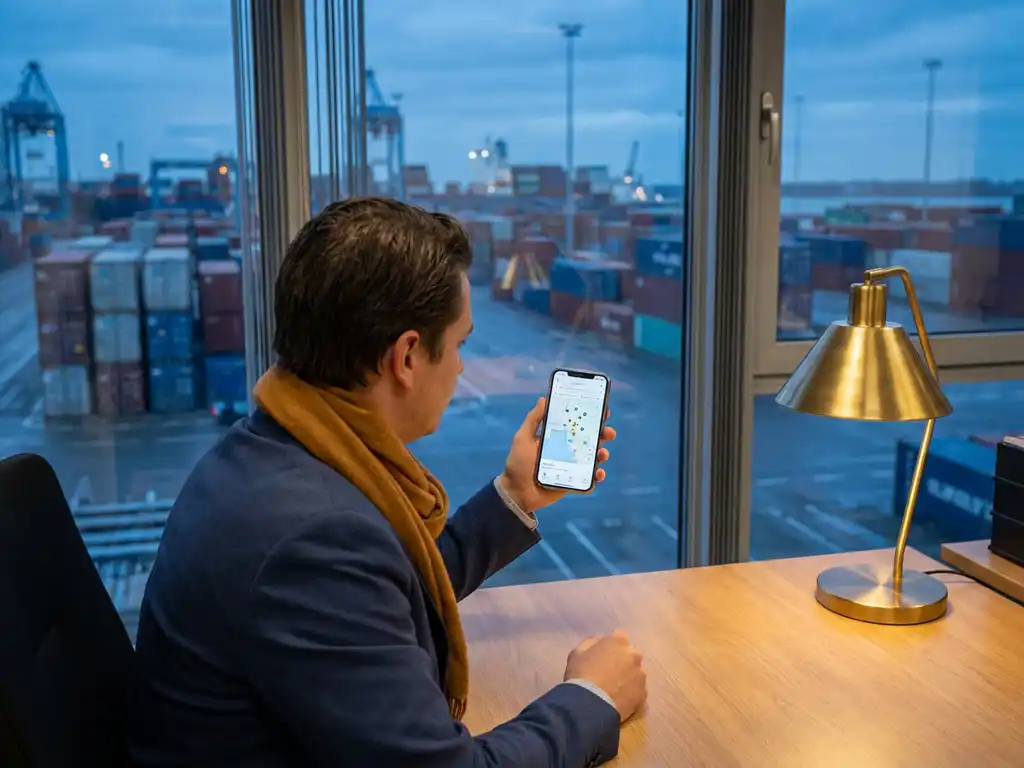 Logistiek coördinator in Europees vrachtbureau met smartphone met live verzendingstracking, cargo containers zichtbaar op de achtergrond bij schemering.