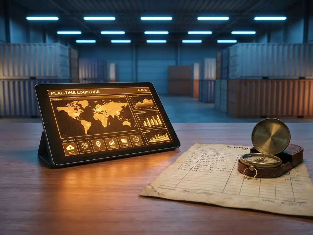 Tablet met logistiek dashboard op magazijnbureau naast papieren vrachtbrief en kompas, verlichte containers op achtergrond