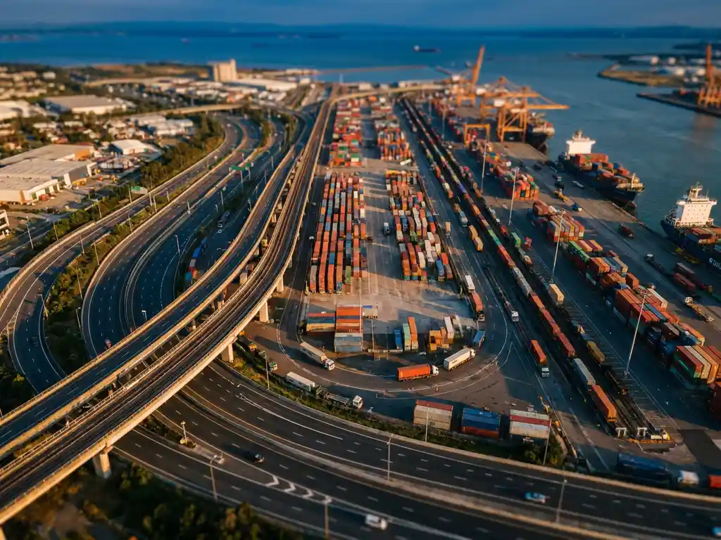 Luchtfoto van modern distributiecentrum met snelwegen, spoorlijnen en kleurrijke containers tijdens gouden uur
