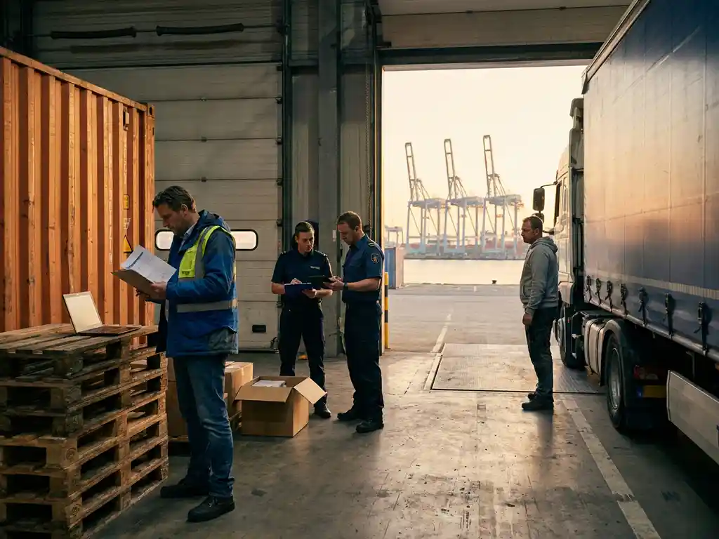 Expediteur raadpleegt vrachtdocumenten bij een zeecontainer in de Rotterdamse haven, met douanecontrole en kraaninstallaties op de achtergrond.