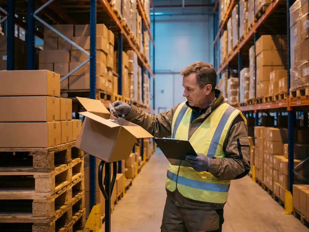 Logistiek kwaliteitsinspecteur onderzoekt product in Europees magazijn met hoge palletrekken en warm taaklicht.