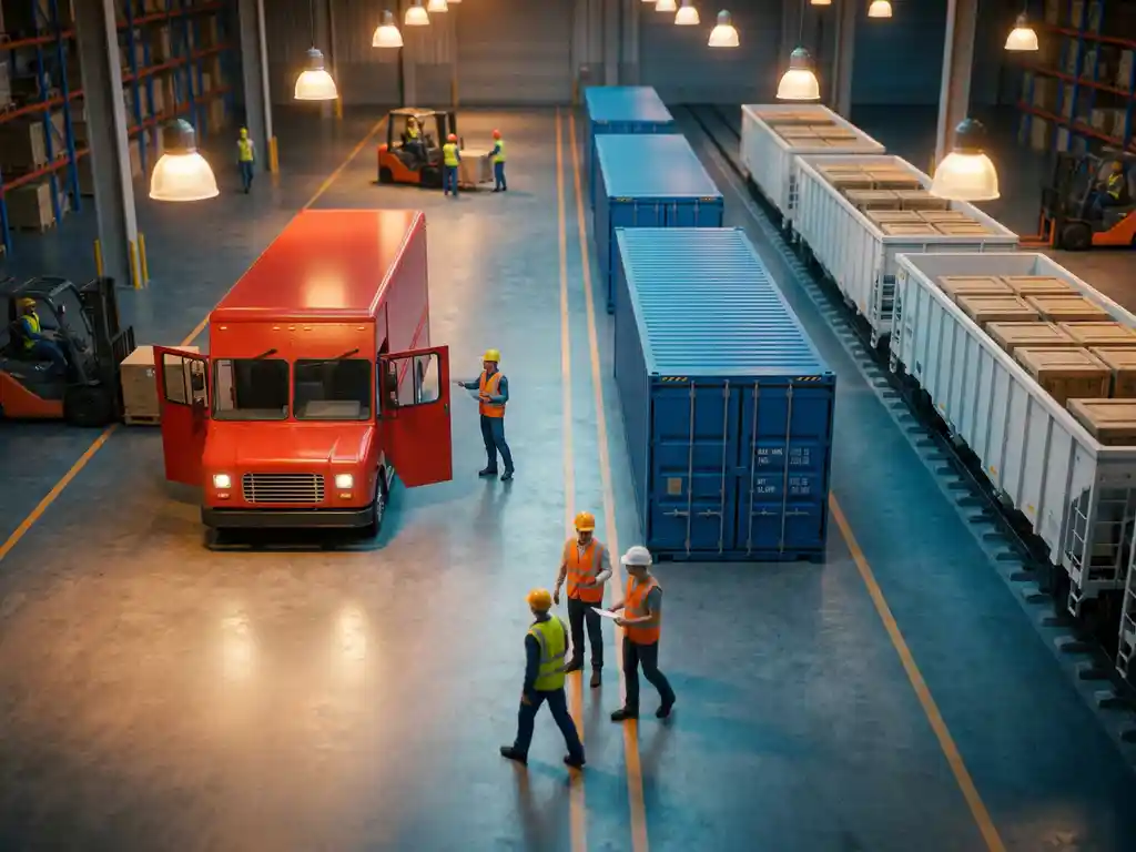 Moderne logistieke magazijnvloer met rode vrachtwagen, blauwe containers en witte treinwagon in parallelle rijstroken, arbeiders in veiligheidsvesten coördineren transport