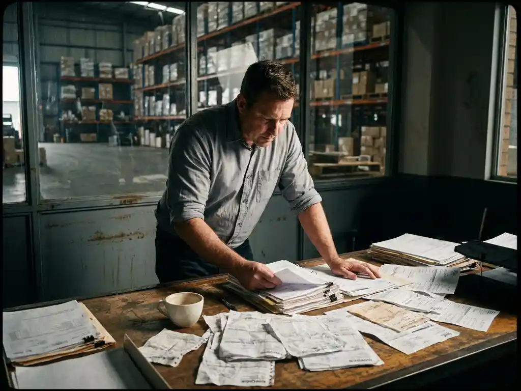 Logistiek manager bestudeert stapel facturen en vrachtdocumenten aan industrieel bureau, magazijn met palletrekken op achtergrond.