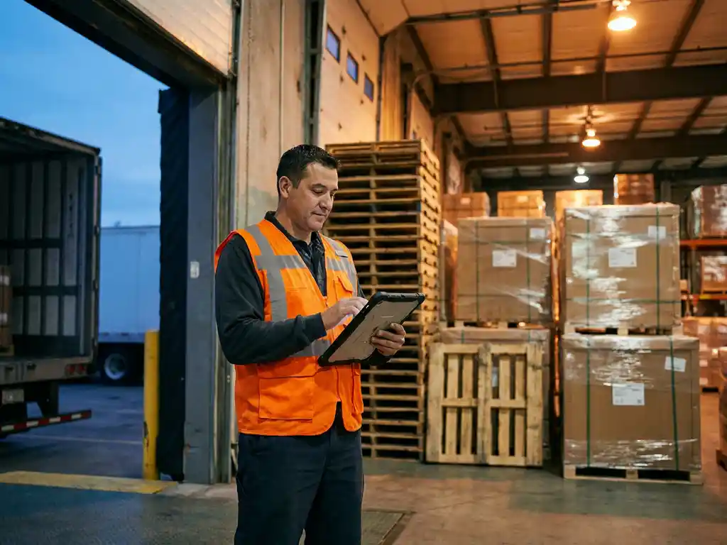 Logistiek medewerker in veiligheidsvest controleert digitaal afleveroverzicht op klembord bij laaddock met gestapelde pallets en vrachtwagen op achtergrond.