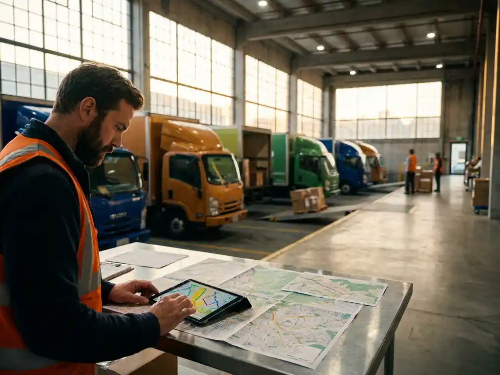 Kleurrijke bezorgtrucks op moderne laaddok terwijl logistiek coördinator routekaarten bestudeert op metalen tafel