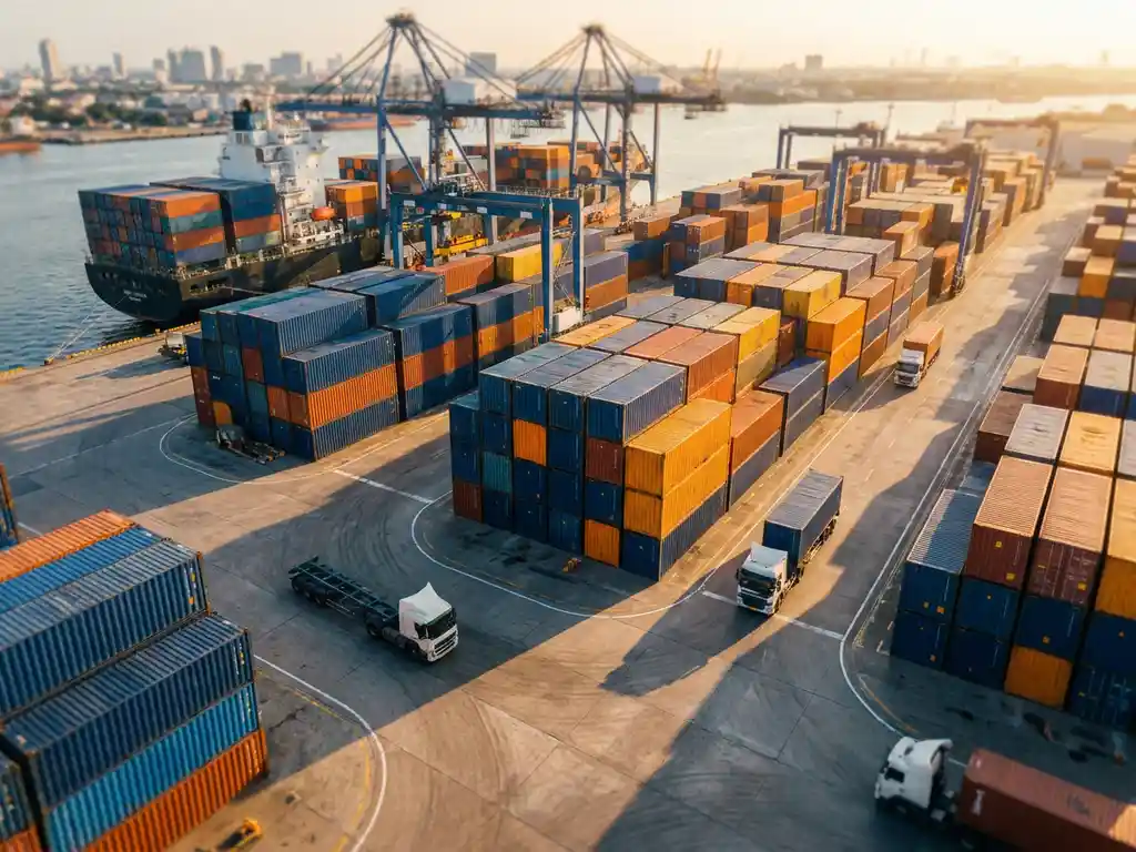 Kleurrijke stapels scheepscontainers in blauw en oranje op moderne haventerminaal met vrachtschip en vrachtwagens tijdens gouden uur