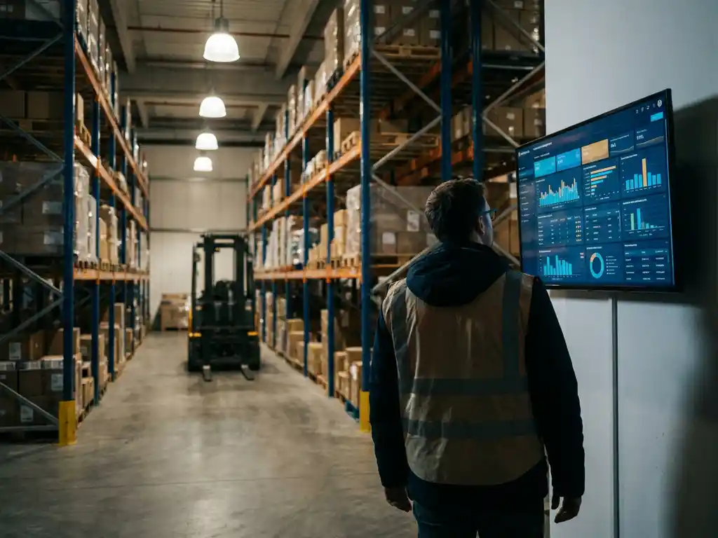 Logistiek coördinator bekijkt warehouse management dashboard in modern distributiecentrum met hoge palletrekken en vorkheftruck op de achtergrond.