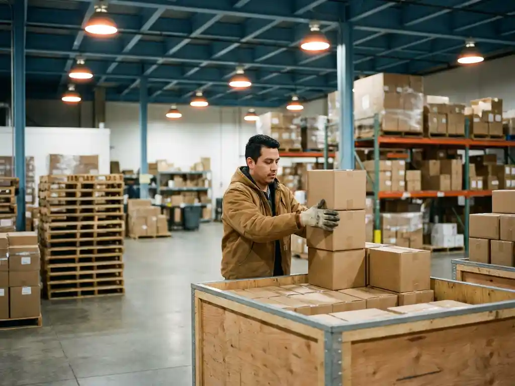 Magazijnmedewerker stapelt kleine kartonnen dozen in grote verzendcontainer tussen georganiseerde pallets en moderne stellingen