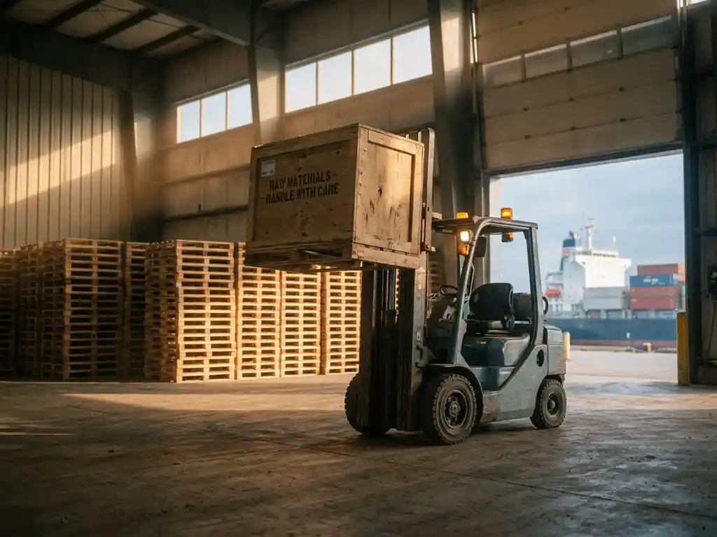 Vorkheftruck tilt houten krat in industrieel magazijn, pallets op rijen, vrachtschip zichtbaar door laaddeur op de achtergrond.