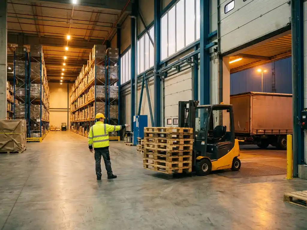 Magazijnmedewerker in veiligheidsvest begeleidt heftruck met pallets naar laaddok, vrachtwagen wacht buiten distributiecentrum.