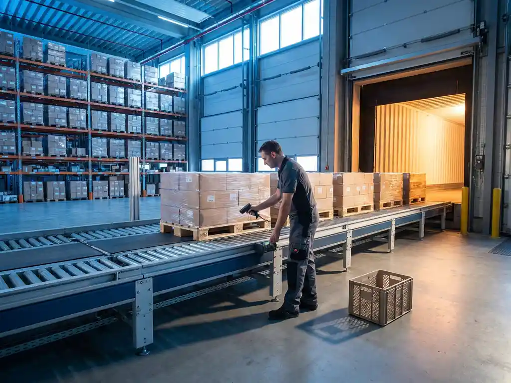 Magazijnmedewerker inspecteert lopende band met gepalletiseerde goederen richting laaddok in modern logistiek magazijn.