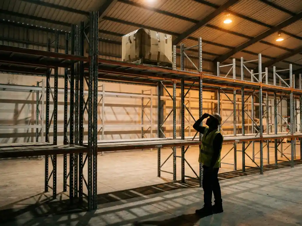 Magazijnmedewerker inspecteert vrijwel lege palletrekken met één resterende doos in een moderne logistieke loods.