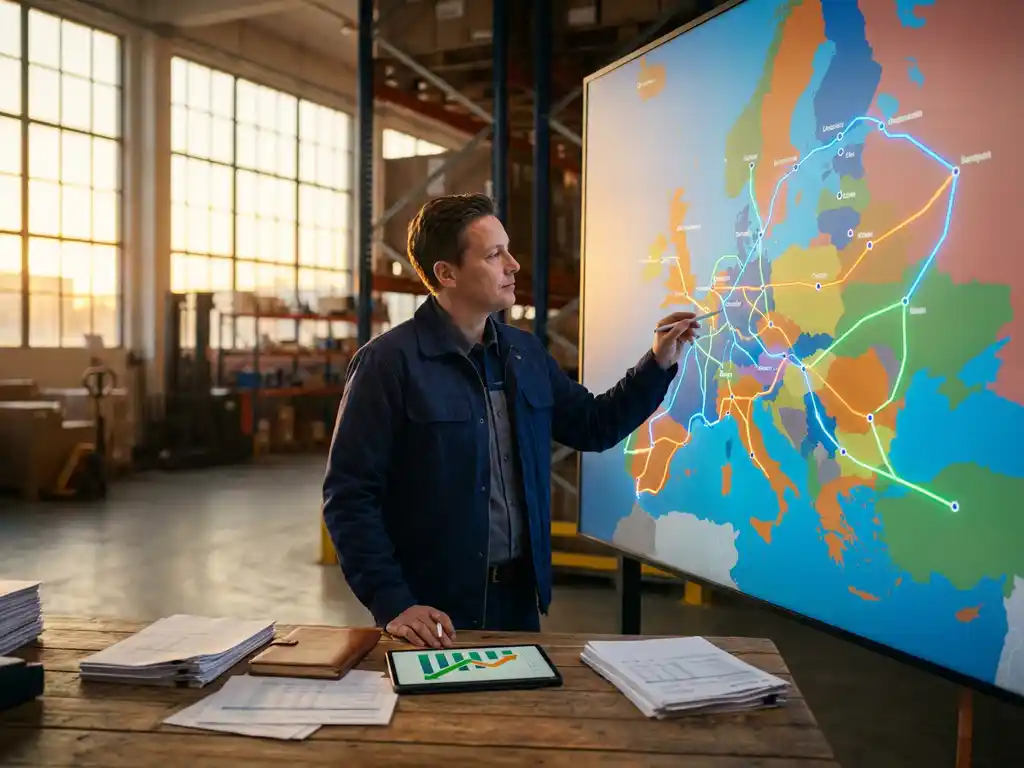 Magazijnmanager bestudeert Europese routekaart met kleurrijke verzendlijnen, logistieke documenten en tablet met groeigrafieken op houten bureau