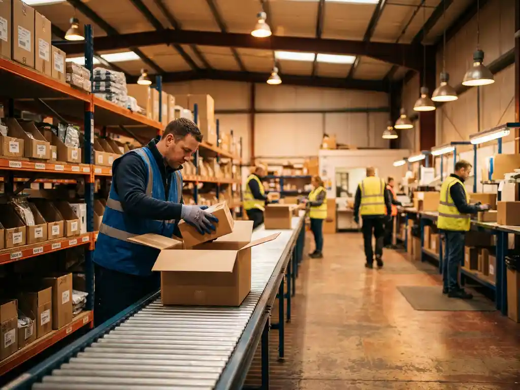 Magazijnmedewerker plaatst pakket in verzendoos op transportband tussen gevulde stellingen