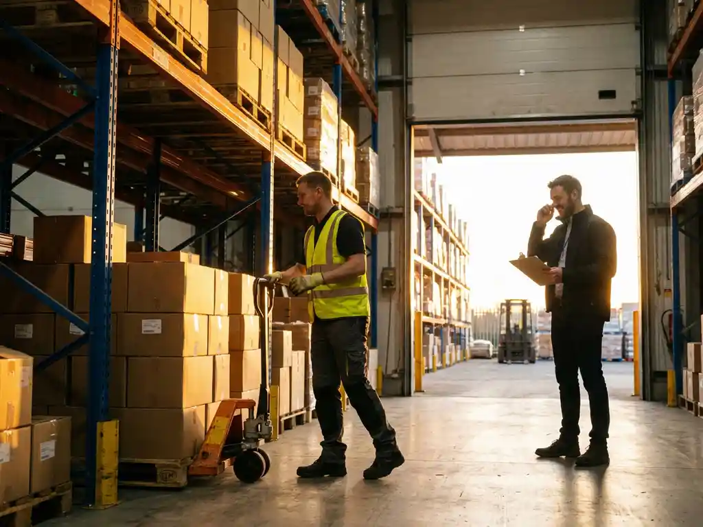 Magazijnmedewerker in veiligheidsvest haalt palletlading dozen van metalen stellingen, bezorger met klembord wacht in verlichte laadruimte.