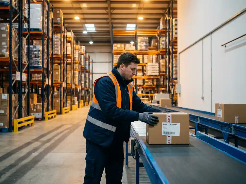 Magazijnmedewerker in veiligheidsvest plaatst gelabelde doos op transportband in modern fulfillmentcenter met hoge palletrekken.