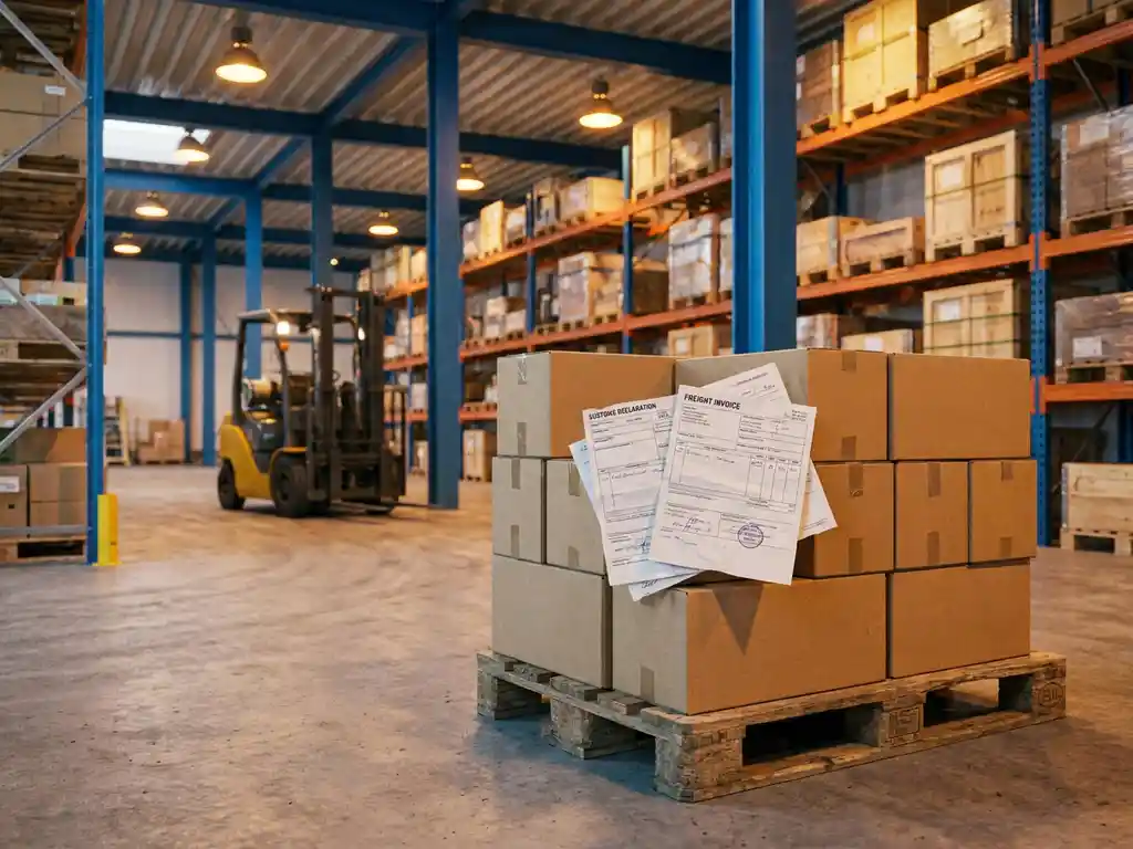 Houten pallet met kartonnen dozen in Europees magazijn, omringd door douanedocumenten en vrachtfactuur, heftruck op achtergrond.