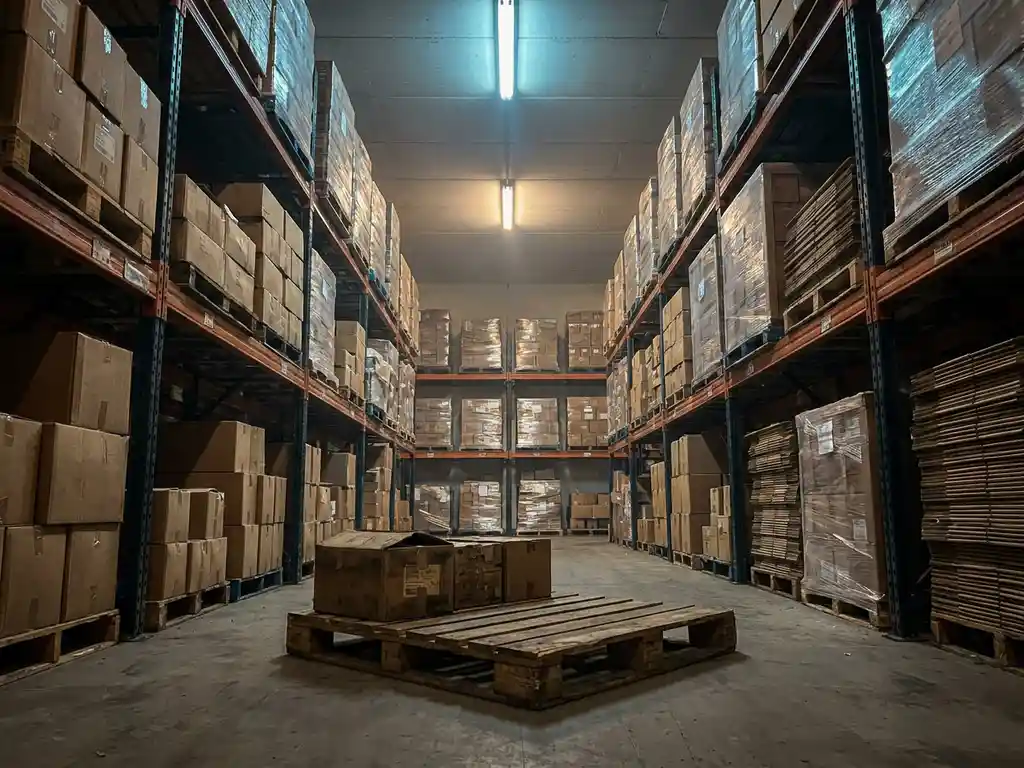 Industrieel palletrek vol kartonnen dozen en ingepakte pallets in een groot magazijn, met één stoffige pallet op de voorgrond.