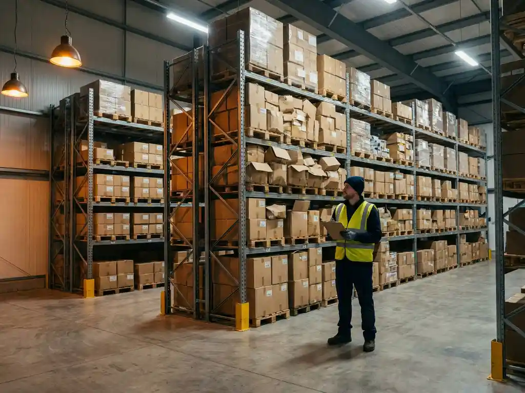 Magazijnmedewerker bij vijflaags palletstelling met overvolle voorraaddozen in moderne logistieke faciliteit.