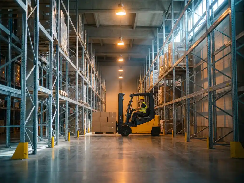 Moderne magazijnhal met hoge stalen palletrekken vol georganiseerde dozen, gele heftruck tussen gangpaden, industriële verlichting op gepolijste betonvloeren
