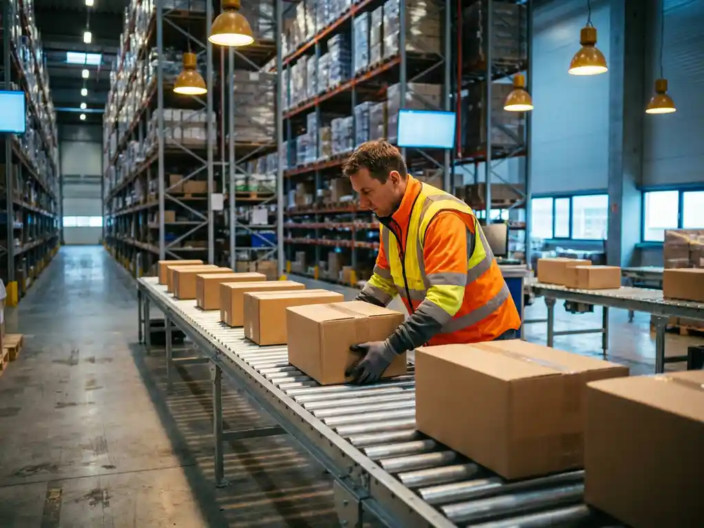 Logistiek supervisor in veiligheidsvest plaatst kartonnen doos op lopende band in modern Europees magazijn met palletrekken.