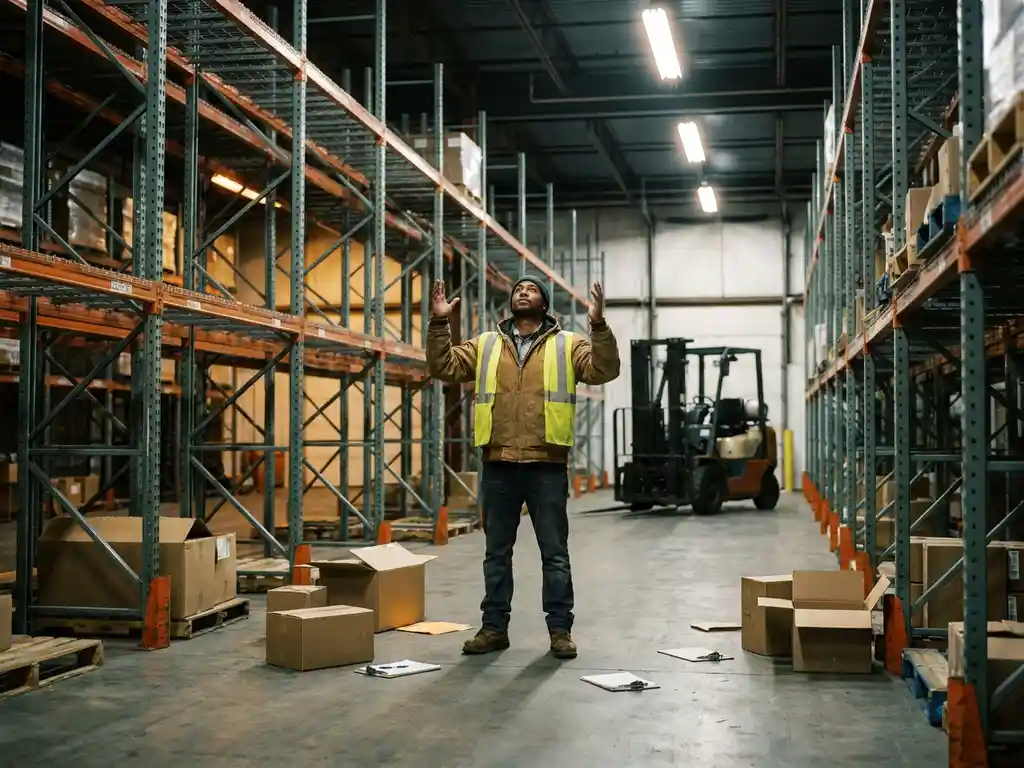 Magazijnmedewerker met opgeheven handen voor lege palletrekken, verspreid karton op betonvloer, vorkheftruck op achtergrond.