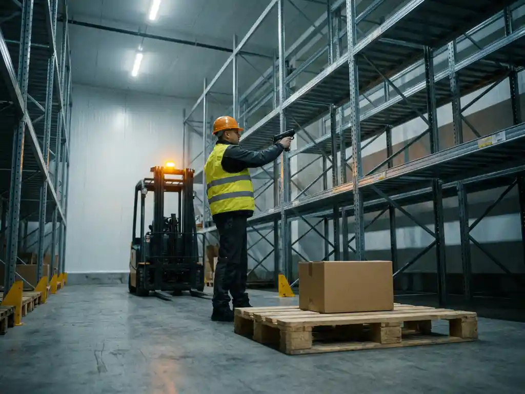 Magazijnmedewerker scant laatste productdoos op bijna lege metalen stellingkast met handheld barcodescanner in moderne logistieke faciliteit.
