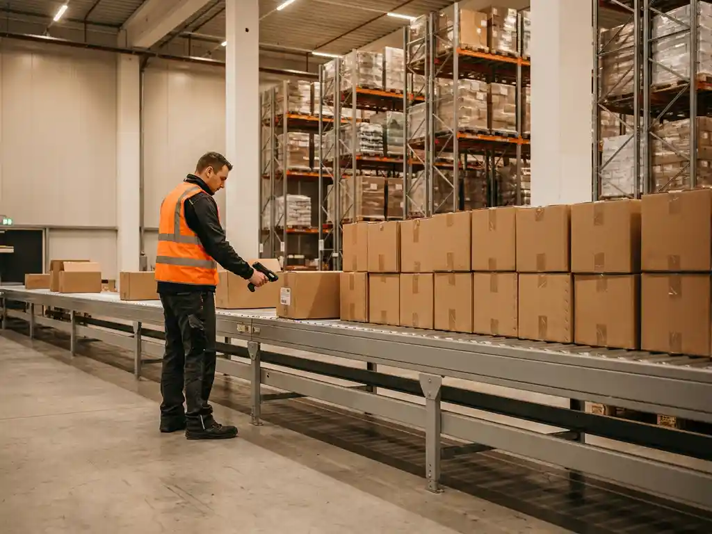 Logistiek medewerker in veiligheidsvest scant retourpakket op transportband in modern Europees magazijn met palletrekken.