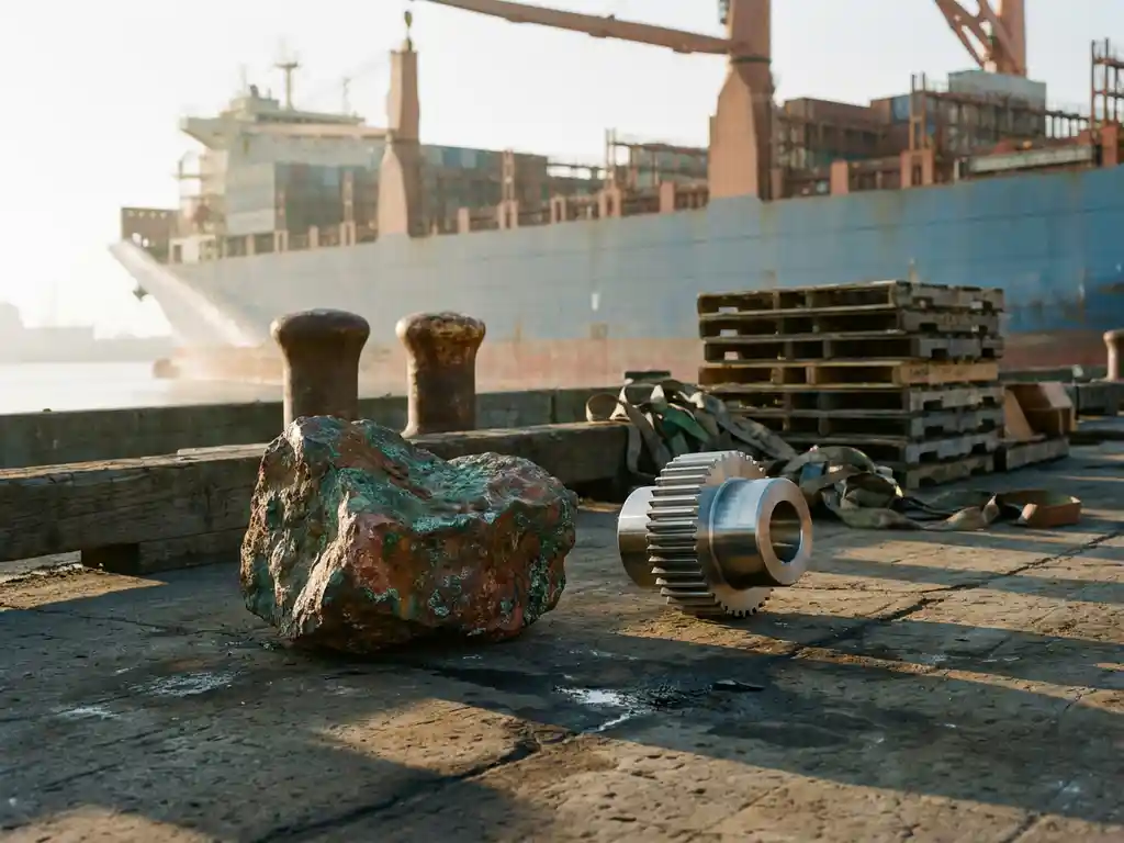 Ruw kopererts naast een glanzend metalen onderdeel op een verweerde industriële kade, met een containerschip in de achtergrond.