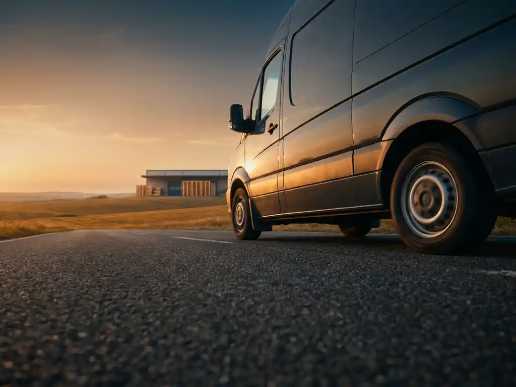 Cargo van rijdt snel over Europese snelweg bij gouden uur, met laaддок en pallets op de achtergrond.
