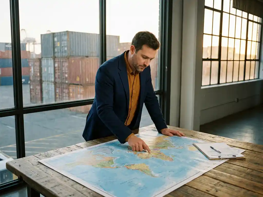 Supply chain manager bestudeert wereldkaart op magazijnbureau, met scheepscontainers zichtbaar door industrieel raam op de achtergrond.