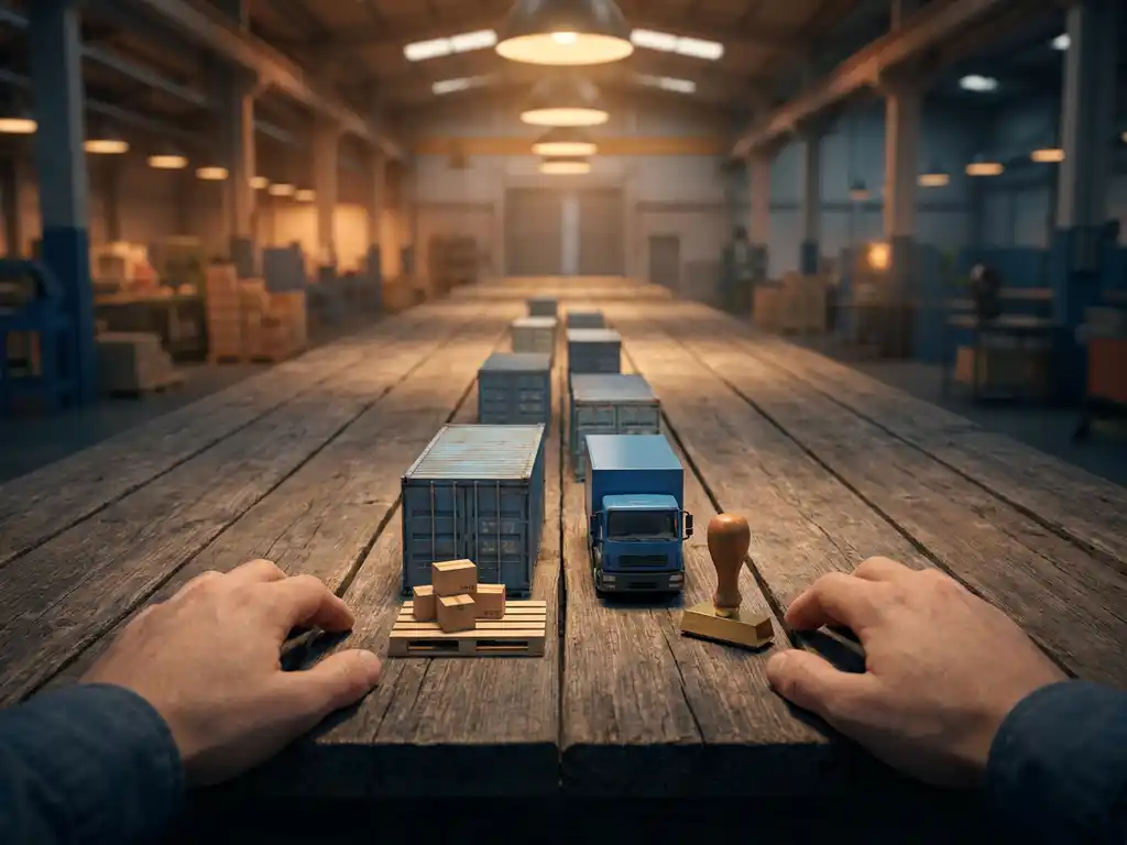 Houten tafel met miniatuur vrachtcontainers, pallets, vrachtwagen en douanestempel als stappen in een toeleveringsketen van fabriek tot consument.