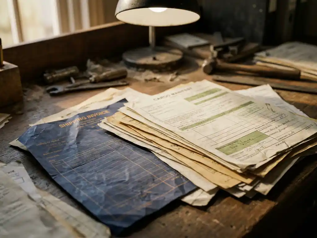 Scheepsfactuur gedeeltelijk bedekt onder vrachtmanifesten en douanedocumenten op een industrieel bureau, verlicht door een enkele lamp.