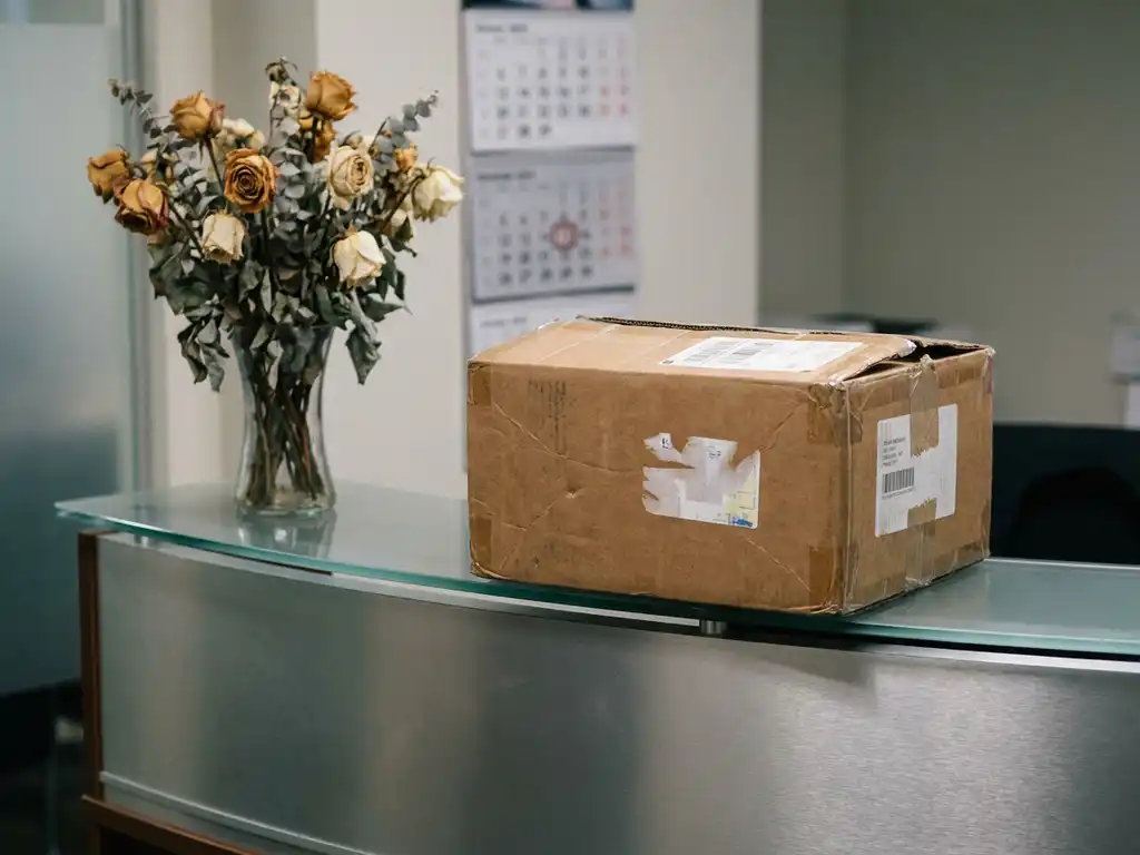 Verouderde kartonnen verzenddoos op een bedrijfsreceptiebalie naast een verwelkt bloemenboeket, kalender zichtbaar op de achtergrond.
