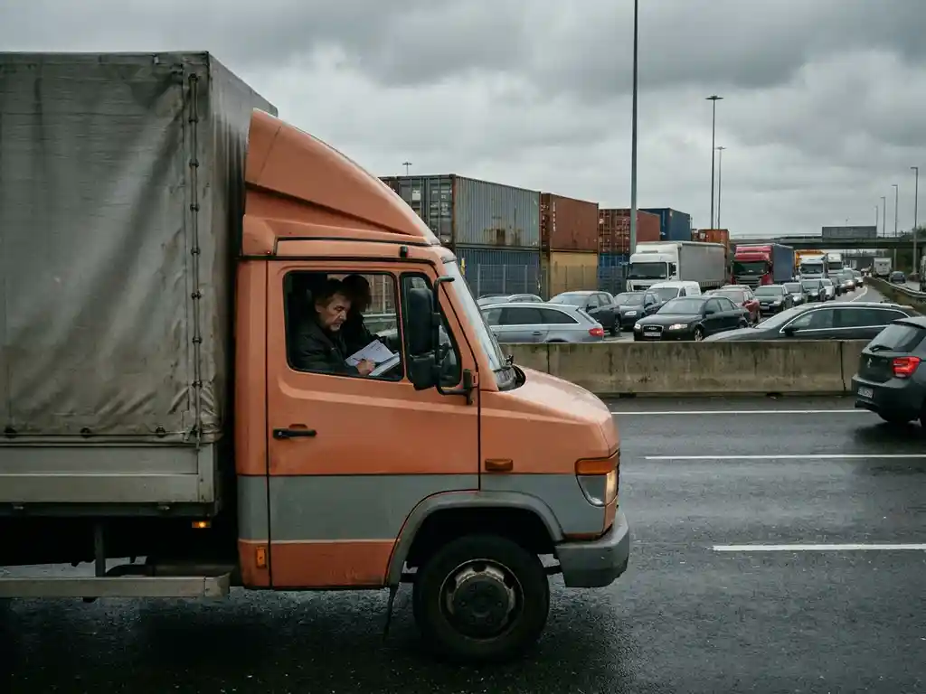 Vrachtwagen met vertraging bij druk Europees snelwegknooppunt, bestuurder controleert papierwerk, gestapelde vrachtcontainers op achtergrond.