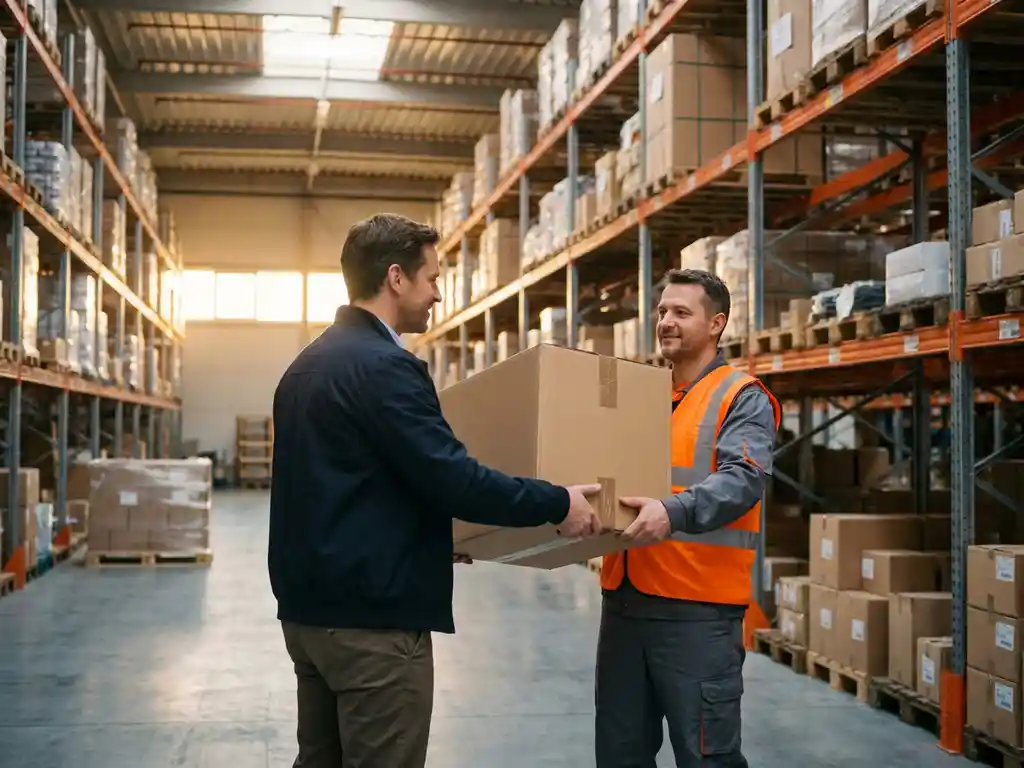 Ondernemer overhandigt kartonnen verzenddoos aan logistiek medewerker in veiligheidsvest in modern magazijn met palletrekken.