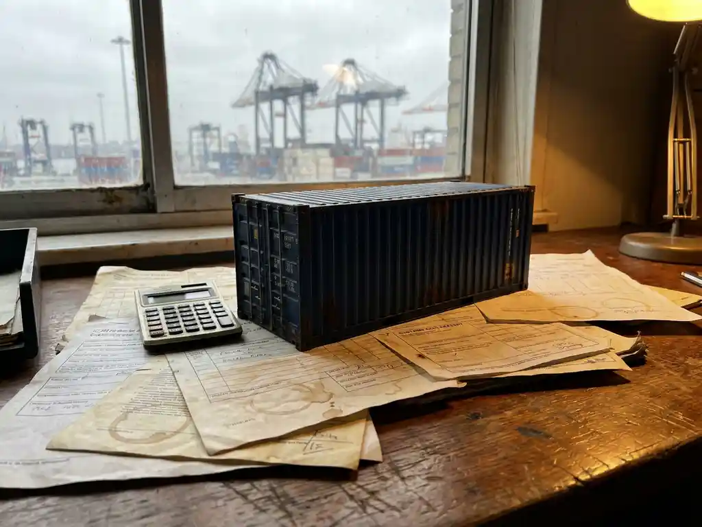 Verouderd houten bureau met scheepvaartfacturen, douanedocumenten en een schaalmodel van een zeecontainer, met havenkranen zichtbaar op de achtergrond.