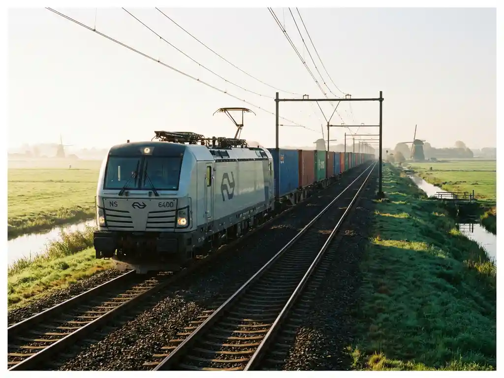 Moderne vrachttrein met zilveren en blauwe wagons rijdt door groen Nederlands landschap op glanzende spoorails