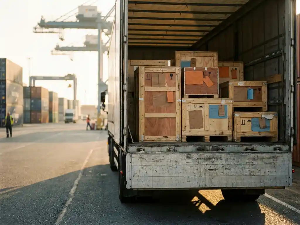 Vrachtwagen met houten verzendkisten gelabeld voor afstand en urgentie op Europese logistieke terminal met containerkranen